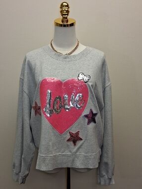 Abercrombie Pink Sequin Heart Graphic Sweater Gray XL